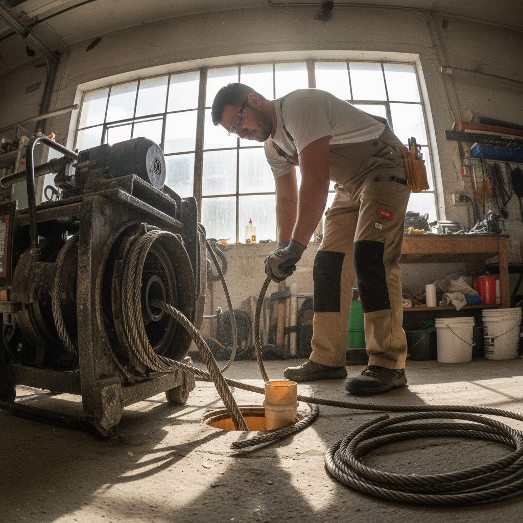 Drain snaking a blocked line with a sectional auger machine