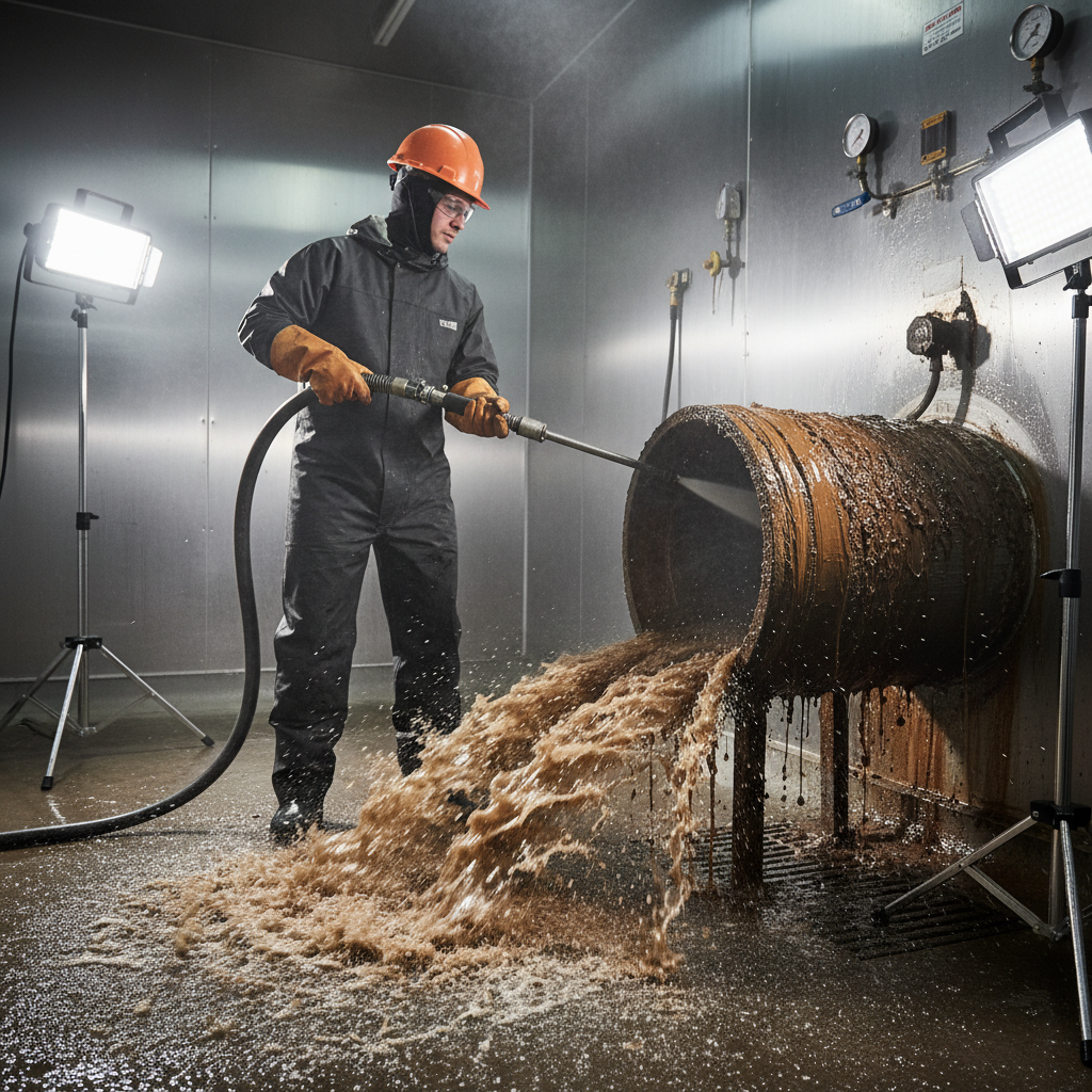 High-pressure hydro jetting a grease-coated drain line